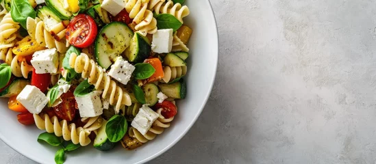 Foto op Canvas pasta salad with grilled vegetables zucchini eggplant bell pepper ant tomato and feta cheese on white bowl top view. with copy space image. Place for adding text or design © vxnaghiyev