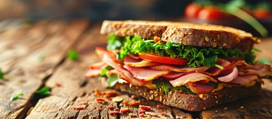 Sandwich Tasty sandwich with ham or bacon cheese tomatoes lettuce and grain bread Delicious club sandwich or school lunch breakfast or snack. with copy space image. Place for adding text or design - obrazy, fototapety, plakaty