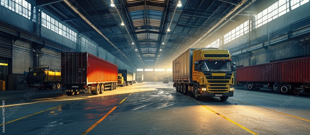 Poster parking trucks in warehouse freight transportation. with copy space image. place for adding text or 