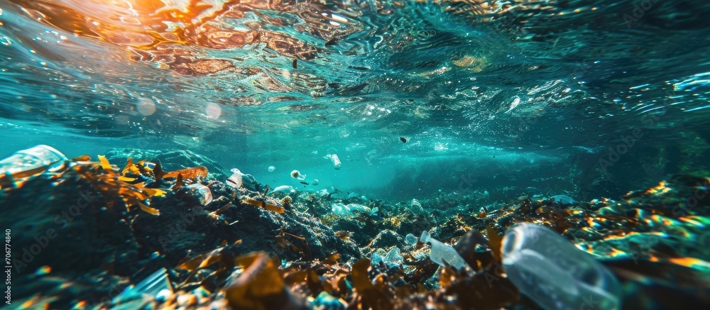 Aufkleber Plastic ocean underwater pollution environmental problem. with copy space image. Place for adding text or design