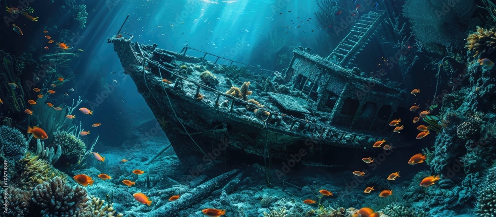 Poster tropical fish swim around a coral encrusted underwater shipwreck. with copy space image. place for a