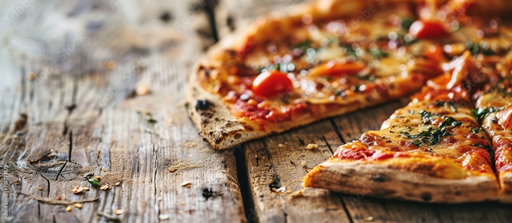 Poster slice of fresh pizza on wooden table close up. with copy space image. place for adding text or desig