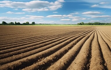 Nature background of furrows in the field. Ploughed-up field.