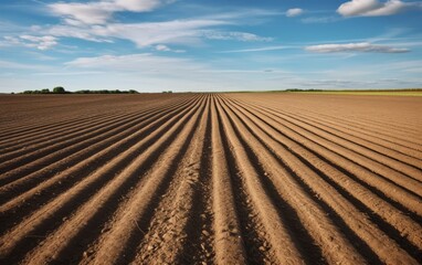 Nature background of furrows in the field. Ploughed-up field. - obrazy, fototapety, plakaty