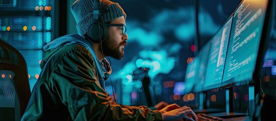 Muslim guy working with code and AI interface on a desktop computer He is a professional developer managing data on a networked server in a cloud based data center. with copy space image