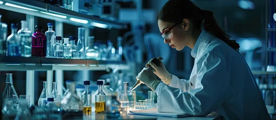 Tuinposter Science focus and plant with woman in laboratory for medical pharmacy and research Biotechnology growth and healthcare study with scientist and test tube for sustainability vaccine and ecology © vxnaghiyev