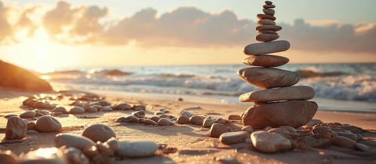 Stone tower Natural pebble stone on the beach Balancing body mind soul and spirit Mental health practice. with copy space image. Place for adding text or design