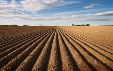 Nature background of furrows in the field. Ploughed-up field.