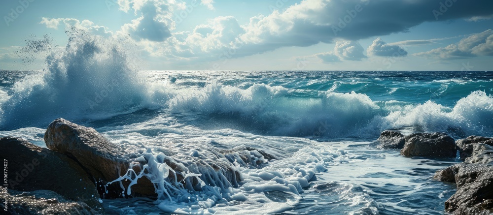 Aufkleber Seascape A stunning seascape of the vast ocean with crashing waves and a clear blue sky. with copy space image. Place for adding text or design