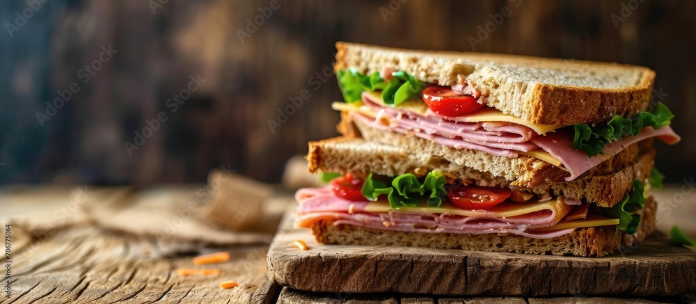 Poster Sandwich of whole wheat bread with ham cheese and fresh tomato triangle cut three layers sandwich bread. with copy space image. Place for adding text or design