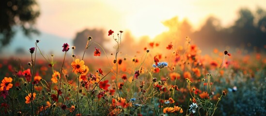 sunrise in the field landscape with Magic pink Cosmos flowers in blooming with sunset background fossilized field of colorful flowers sunrise mist. with copy space image