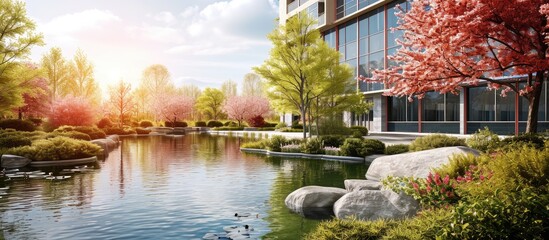 Office building headquarters in office park during spring with pond. with copy space image. Place...