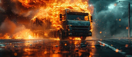 Truck trailer disaster with burning wheels from over heated brakes. with copy space image. Place for adding text or design