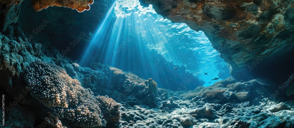 Poster sunlight cascades into the shadows of an underwater cavern in the solomon islands many coral reefs h