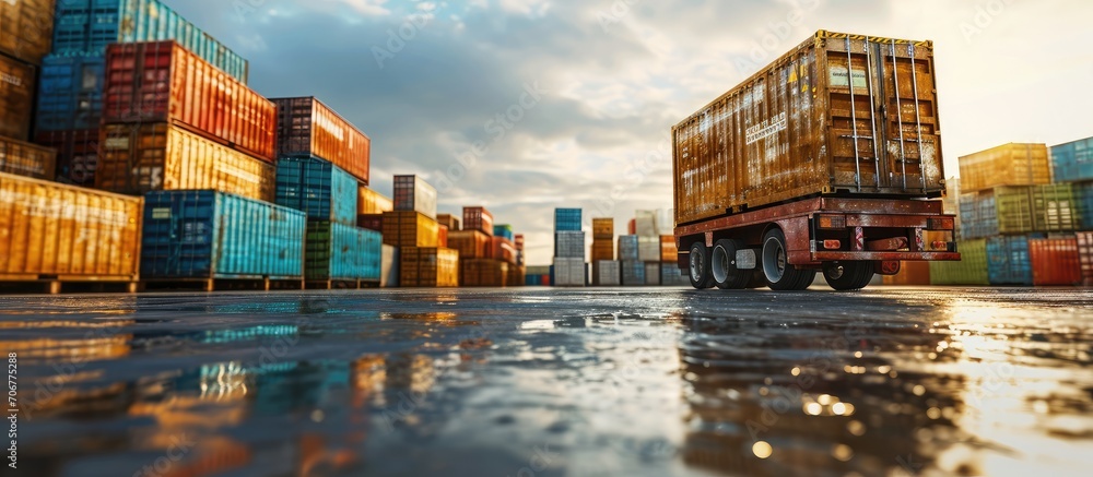 Poster Packaging Boxes Stacked on Pallets Load with Shipping Cargo Container Delivery Trucks Loading at Dock Warehouse Supply Chain Shipment Boxes Distribution Warehouse Freight Truck Transport Logist