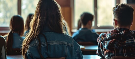 Rear view of college students listen to teacher teaching and explaining lesson in classroom. with copy space image. Place for adding text or design - obrazy, fototapety, plakaty