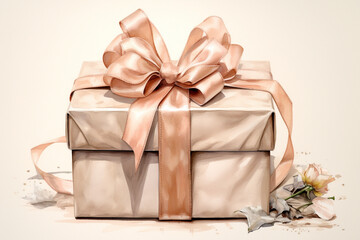 A watercolor creation of a beautifully wrapped gift, the layers of paper and the bow portrayed with a delightful mix of translucent tones, conveying a sense of elegance and celebra