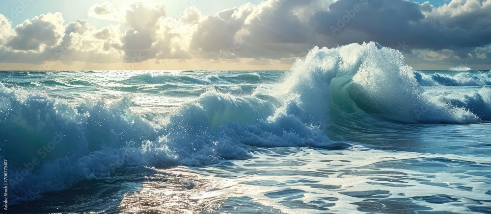 Poster ocean view seascape landscape Big surfing ocean wave splitted by waterline with slightly cloudy sky and the sun. with copy space image. Place for adding text or design