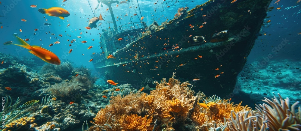 Poster tropical fish swim around a coral encrusted underwater shipwreck. with copy space image. place for a