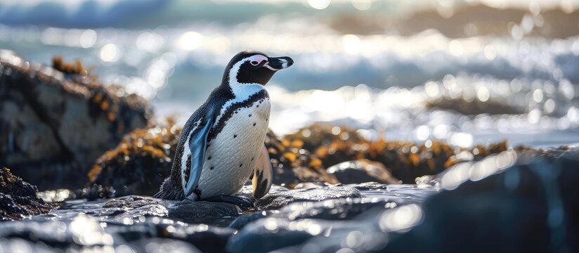 Sunbathing Humboldt Penguin on the coast. with copy space image. Place for adding text or design