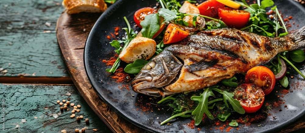 Poster salmon caesar salad with grilled fish croutons and cherry tomatoes. with copy space image. place for