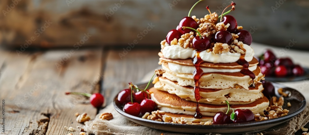 Poster pancake tower with yogurt nuts and cherry jam healthy and wholesome food serving food in a restauran
