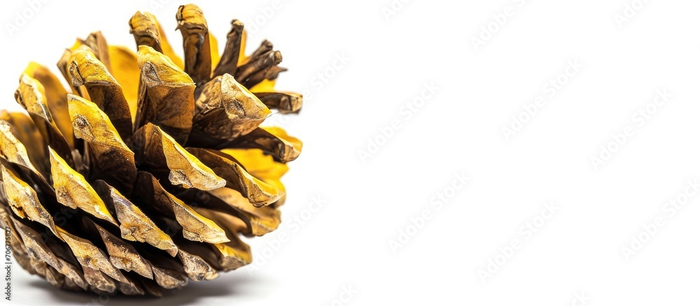 Poster Pine cone on conifer leaves dry yellow needles isolated on white. with copy space image. Place for adding text or design
