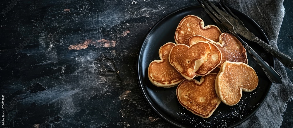 Aufkleber Pancakes in the shape of a heart In a black plate The view from the top. with copy space image. Place for adding text or design