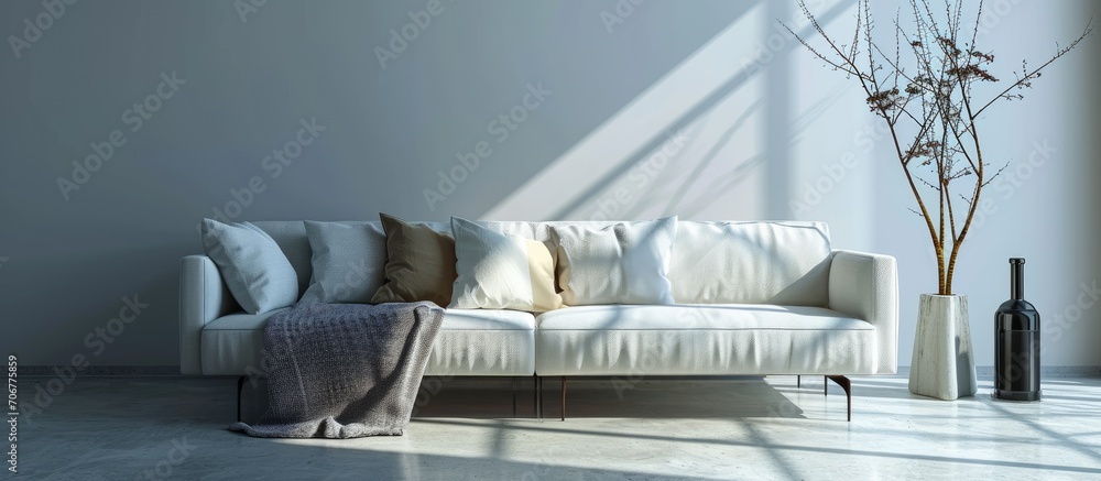 Poster Pillow and blanket on elegant sofa in spacious living room with copy space wall. with copy space image. Place for adding text or design