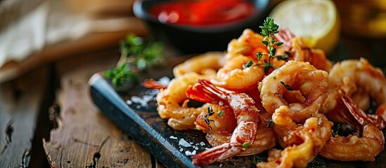 seafood delicacy known as fried calamari rings and shrimp. with copy space image. Place for adding text or design - obrazy, fototapety, plakaty