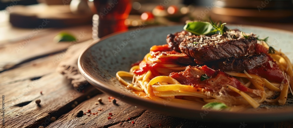 Poster roasts to the wood sauce with pasta file mignon steak. with copy space image. place for adding text 