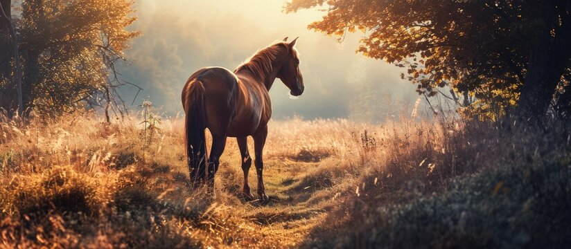 Photo manipulation of romantic scenery with brown horse. with copy space image. Place for adding text or design