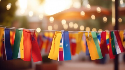 Closeup of colorful flags representing different countries in the virtual cultural exchange program. - obrazy, fototapety, plakaty