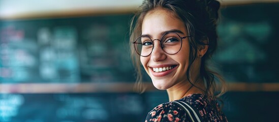 teacher at desk smiling at camera horizontal. with copy space image. Place for adding text or design