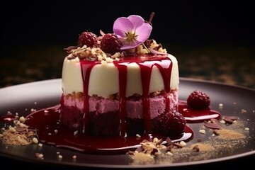 Decadent dessert with velvety mousse and cake base. Generative AI
