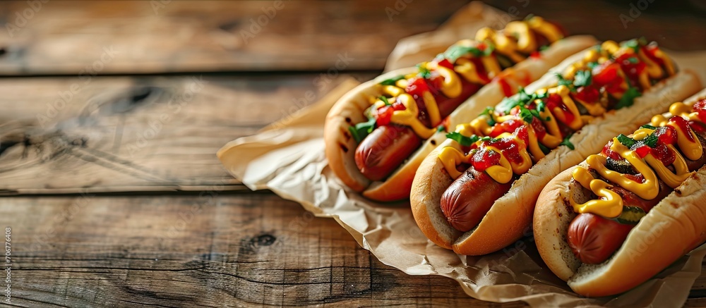 Poster Two hot dogs with ketchup and mustard on parchment paper. with copy space image. Place for adding text or design