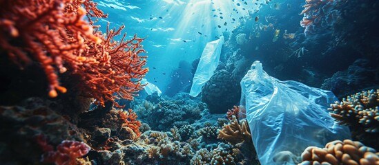 Plastic pollution a discarded plastic rubbish bags floats on a tropical coral reef presenting a hazard to marine life. with copy space image. Place for adding text or design