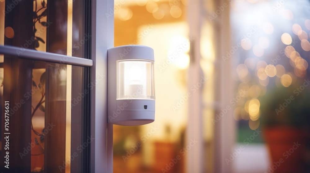 Poster closeup of a motion sensor attached to a doorway, allowing for automatic lighting control.