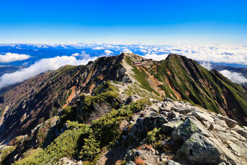 Fototapeta na wymiar 紅葉の北アルプスの唐松岳頂上からの景色
