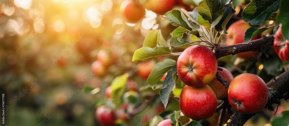 Poster Shiny delicious apples hanging from a tree branch in an apple orchard. with copy space image. Place for adding text or design