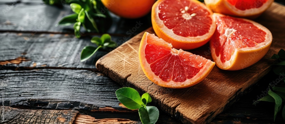 Poster slices of red juicy grapefruit on the wooden board grapefruit skin. with copy space image. place for