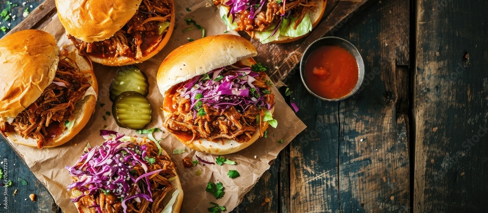 Poster Pulled pork sandwiches with BBQ sauce cabbage and pickles overhead shot. with copy space image. Place for adding text or design