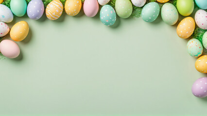 Easter banner with colorful Easter Eggs on a light green background. Top view with copy space, Generative Ai