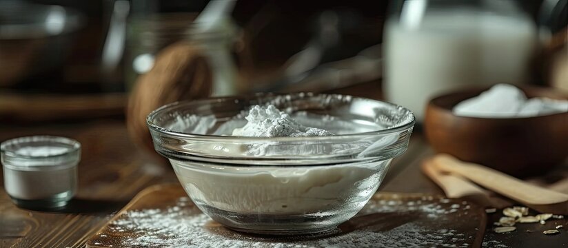 Step by step Mixing ingredients in a glass mixing bowl to prepare coconut banana pancakes. with copy space image. Place for adding text or design