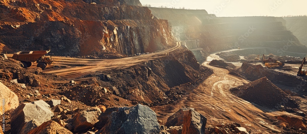 Poster quarry extracting iron ore with heavy trucks excavators diggers and locomotives. with copy space image. Place for adding text or design