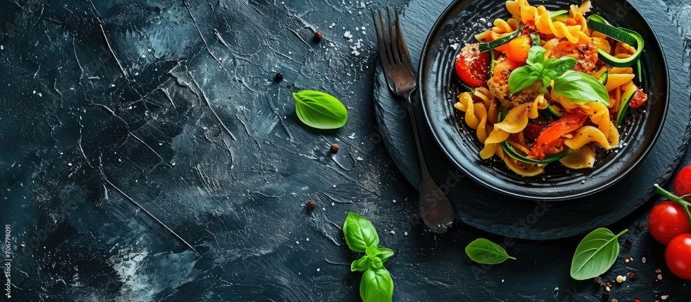 Aufkleber pasta spaghetti with zucchini basil cream and cheese on black stone table vegetarian vegetable pasta