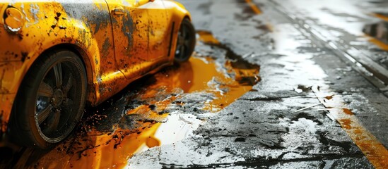 Old black oil lubrication engine vehicle motor car used leak or drip spill from bottle on concrete floor art abstract design industry background. with copy space image