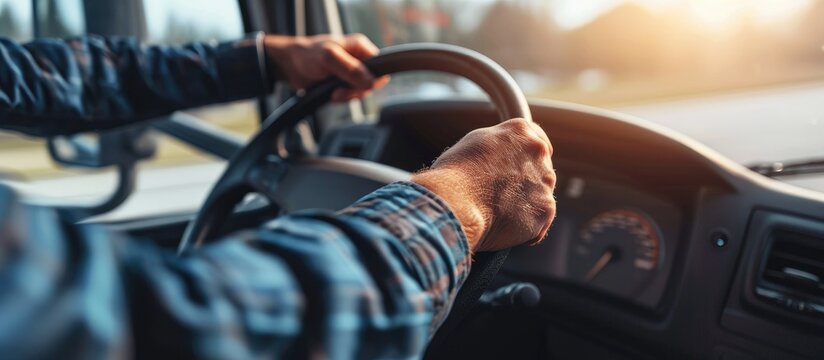 Truckers Hand on a Semi Truck Steering Wheel Close Up Photo Caucasian Professional Driver Theme Transportation Industry. with copy space image. Place for adding text or design