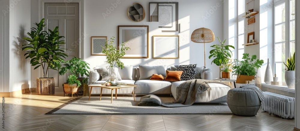 Poster pillows frames candles and plants decorating modern scandinavian living room. with copy space image.