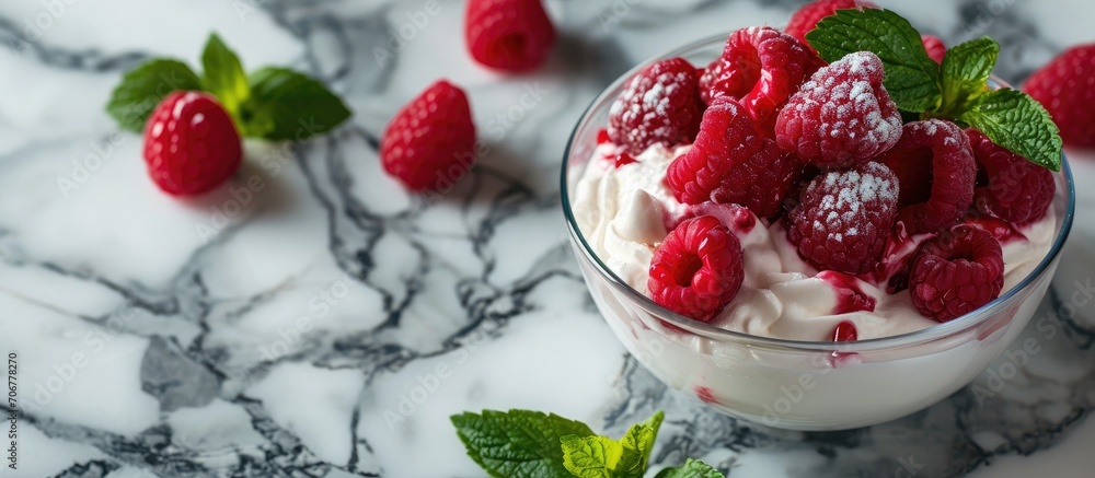 Aufkleber Raspberry ice cream dessert on marble backdrop. with copy space image. Place for adding text or design